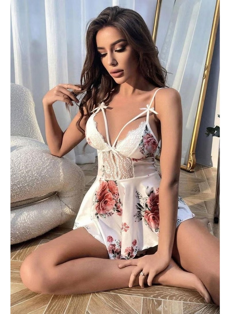 Bella Notte Romantic White Floral Patterned Jumpsuit Nightgown - Image 2